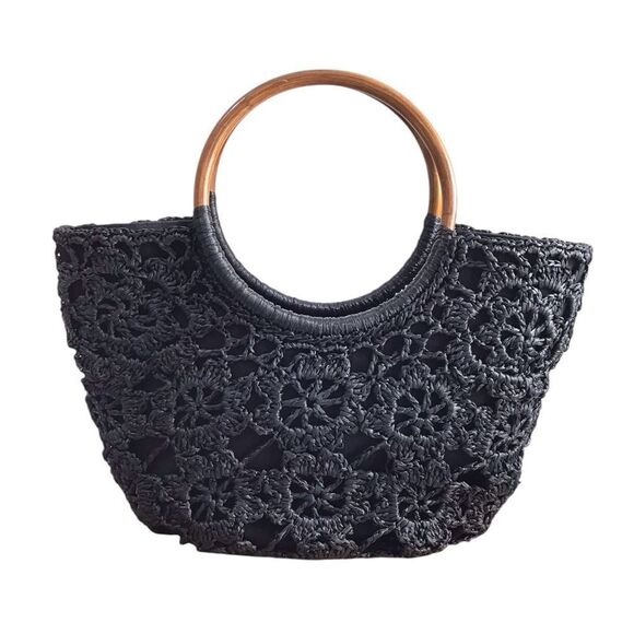 French Connection Black Crochet Tote Bag With Wooden Handles - Picture 3 of 10
